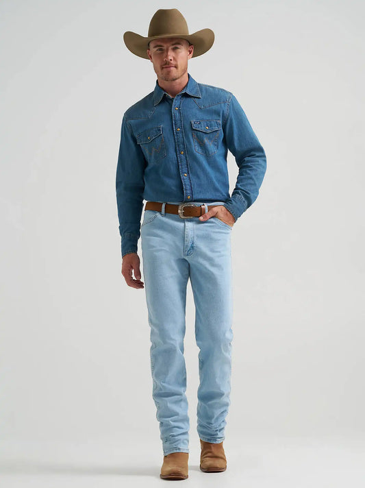 Men's Wrangler® Classic Denim Western Snap Shirt in Mid Wash Denim