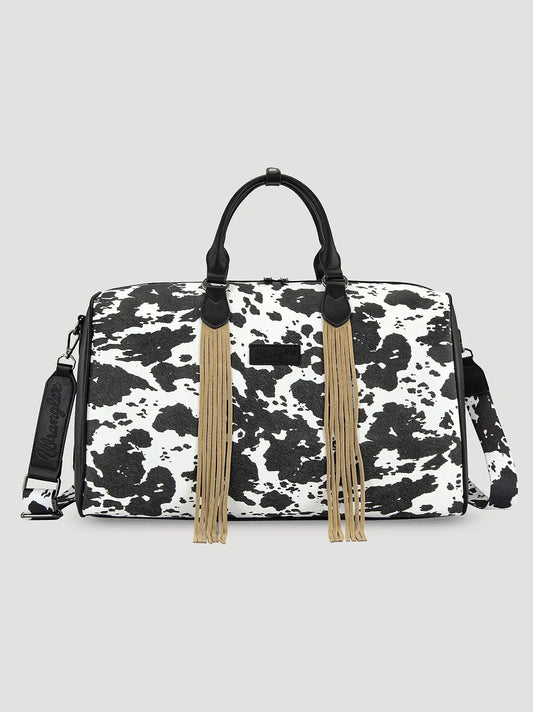 Cow Print Fringe Duffle Bag:Black:One Size: