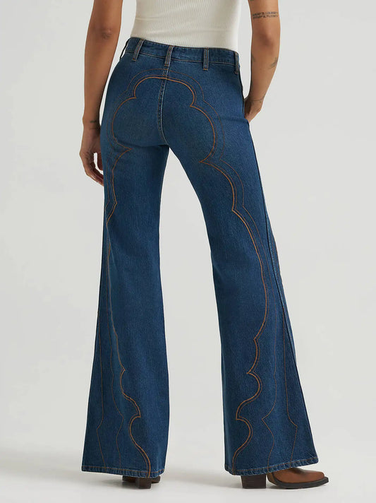 Women's Embroidered 70's Flare Jean in Saloon Shadow