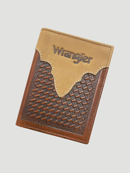 Basketweave Leather Tri Fold Wallet:Brown:One Size