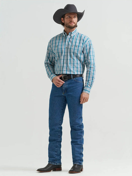 Wrangler® George Strait™ Long Sleeve Button Down Two Pocket Shirt in Verdigris Plaid