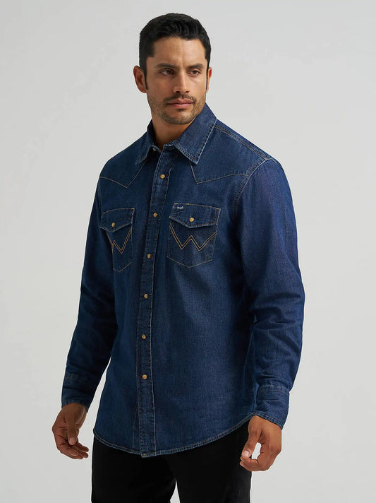 Men's Wrangler® Classic Denim Western Snap Shirt in Dark Wash Denim