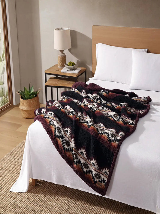 Wrangler Homestead Printed Sherpa Throw:Burgundy:One Size