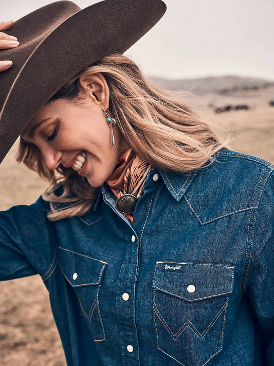 Women's Relaxed Western Shirt Dress in Dark Denim