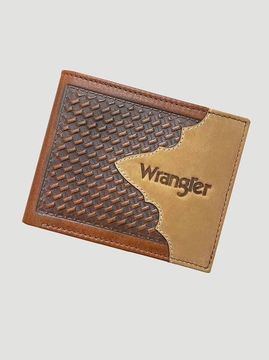Basketweave Leather Bi Fold Wallet:Brown:One Size