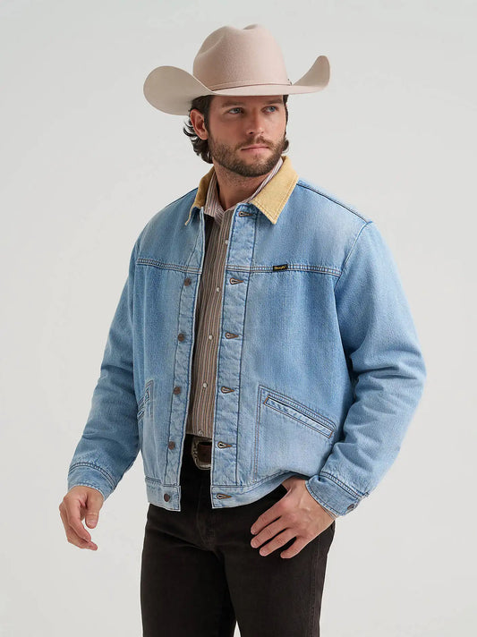 Men's Wrangler® Straight Yoke Sherpa Lined Denim Jacket in Bleach Wash